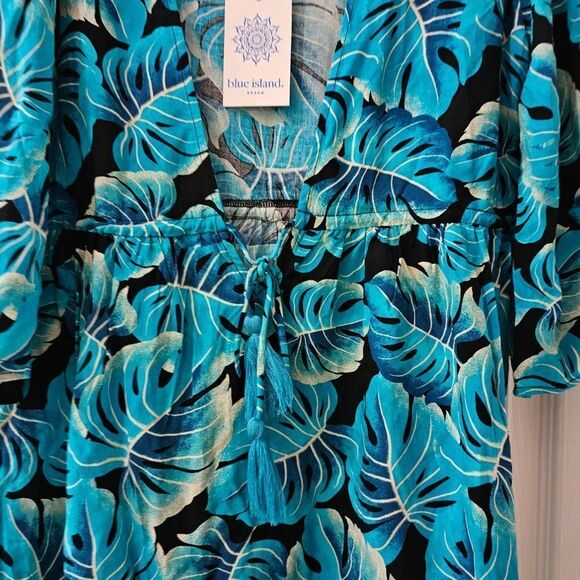 Blue Island Beach Women's Blue & Black Kimono 3/4 Sleeve Front Tie Coverups  S - Picture 3 of 11